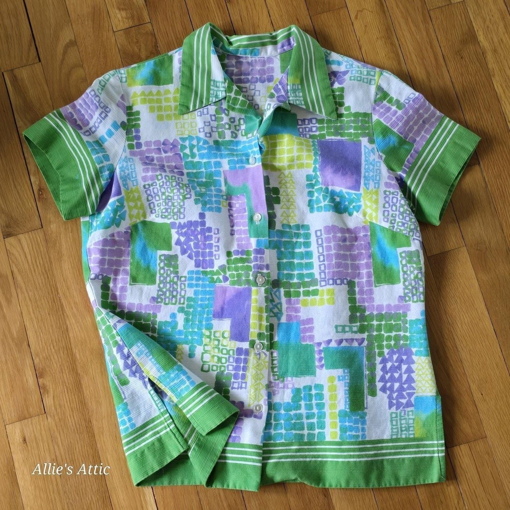 70s Vtg Button Short Sleeve Polyester Geometric Green Purple Dagger Collar Shirt - Picture 8 of 8